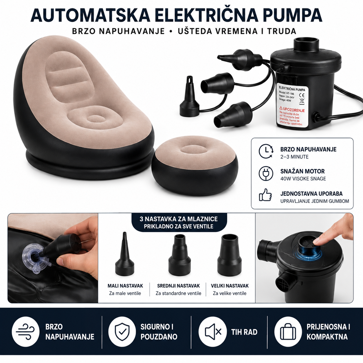 Napuhavajuća Fotelja s Električnom Pumpom | Prijenosna i Udobna