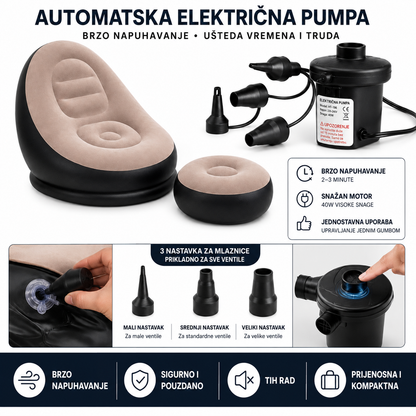 Napuhavajuća Fotelja s Električnom Pumpom | Prijenosna i Udobna